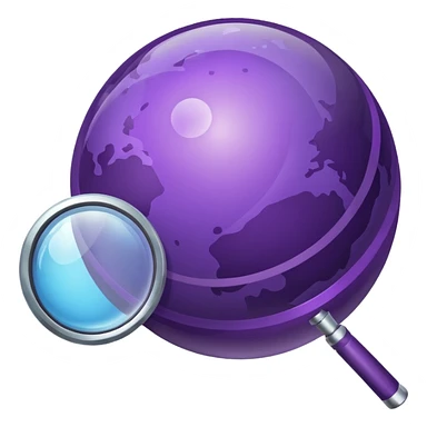 Minimal purple icon: a planet with connecting lines and a magnifying glass. Glossy, transparent background. sticker