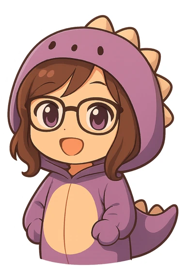 Edit the image to depict a chibi anime style girl with glasses, brown hair, dark purple eyes, wearing a purple dinosaur costume with arms down. Keep everything else the same as the reference. No background. sticker