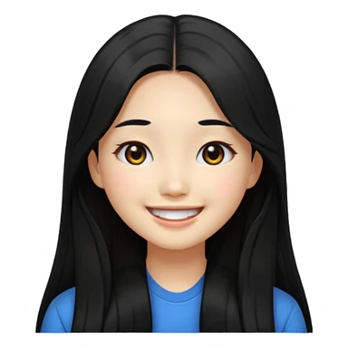 Korean girl with long black hair, black eyes, smiling, emoji style sticker