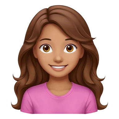 A pretty girl with tan skin and long wavy hair, wearing a pink basic shirt with brown eyes sticker