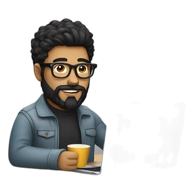 Designer with black hair, beard and glasses working with MacBook and drinking cappuccino  sticker