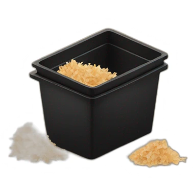 Black cubic plastic container with wood shavings inside sticker