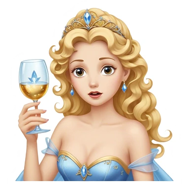 Cinematic Funny Cinderella Portrait Emoji, Stunned expression as she holds a glass slipper much too big, one eyebrow raised, golden curls slightly messy, a mix of royal grace and unexpected humor, capturing a lighthearted twist on her fairy tale moment! sticker