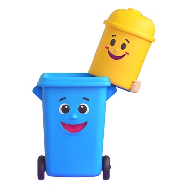 blue bin with a smiling face, waving sticker