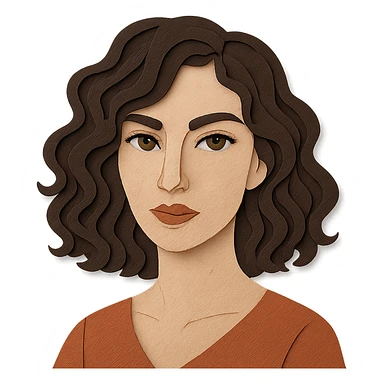 paper craft style portrait of a woman with wavy dark brown hair and green eyes sticker