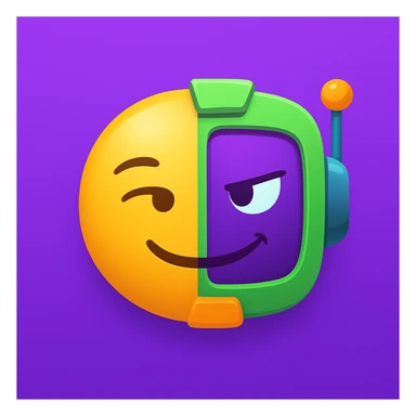 Make a sarcastic half-emoji, half-robot face, using the reference's purple, green, and orange colors. Show a sly, knowing smile or side-eye, blending emoji and robot features. sticker