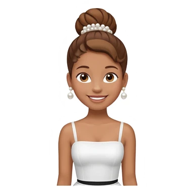Full body Light brown skin girl, brown hair in bun, smiling, white tube top, pearl earrings sticker