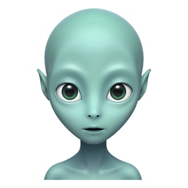 Portrait of an alien with smooth greenish-blue skin, large black oval eyes, small nose, and no visible ears, elongated head, front-facing, calm expression, soft glow, simple futuristic design sticker