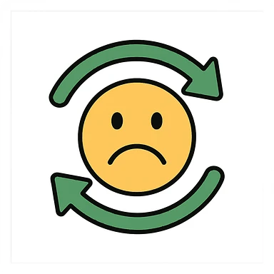 turnover arrows forming a circle with a frowning face in the center, modern look, green gold and white color scheme, rounded shapes, simple design, no background sticker