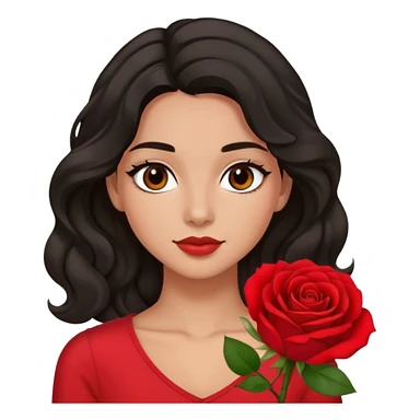 Olive Brown eyes black wavy middle part hair red rose backround red top  sticker