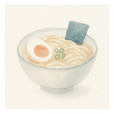 watercolor illustration of a bowl of ramen, soft colors, artistic brush strokes, white background sticker