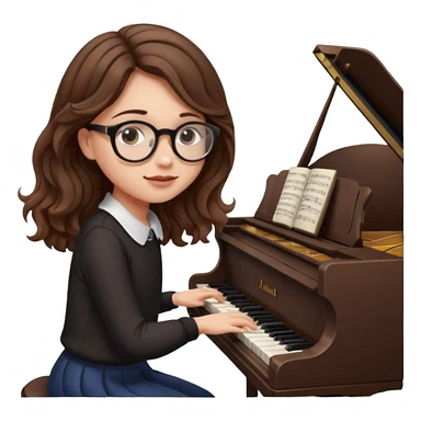 girl brown hair wavy. round glasses eye. playing piano sticker