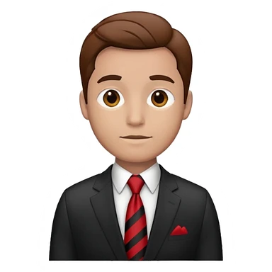 man wearing a suit with black horizontal stripes and a red tie sticker