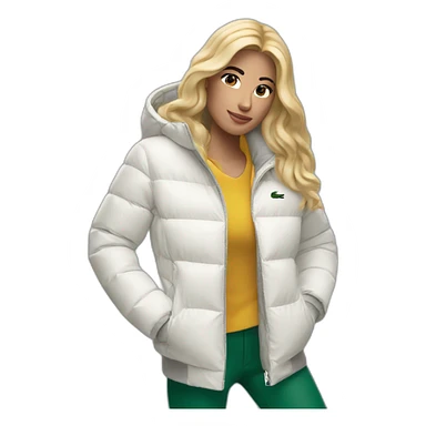 blond latina woman using Lacoste puffer jacket sticker