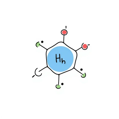 Clean hormone molecule diagram: large blue hormone icon in center with geometric molecular structure, red receptor binding sites, and neat green arrows showing action pathway. Simple hand-drawn illustration with minimal background and organized layout. sticker