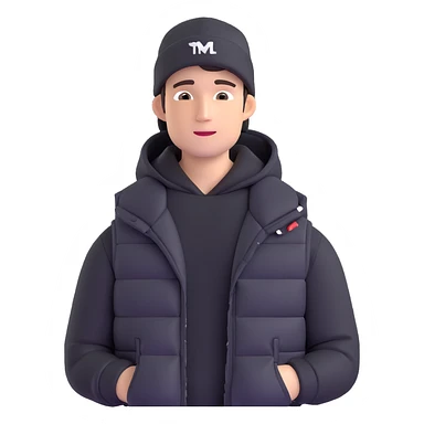 A guy in a hat, black hoodie, and a puffer vest sticker