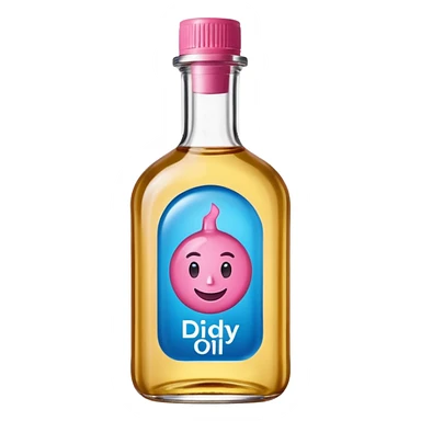 Smiling bottle of oil blue top pink outside with logo that says diddy oil sticker
