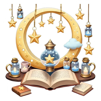  crescent moons, stars with ribbons, tiny clouds, crystal bottles, cozy mugs, mini lanterns, and floating books. Smooth textures, soft magical lighting, realistic shadows, very detailed, high-resolution, dreamy and enchanting aesthetic, super cute and charming." sticker