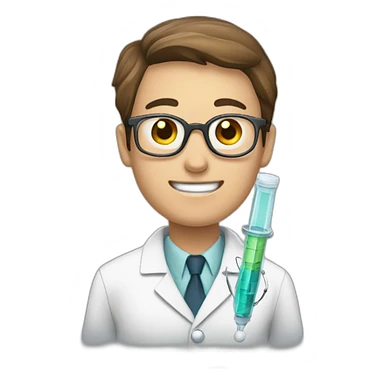 A doctor in a white coat and a syringe sticker