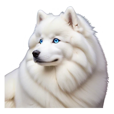 Cinematic Noble Samoyed Portrait Emoji, Poised and regal, with a majestic, sturdy build and a luxuriously fluffy pure white Fur, deep-set soulful blue eyes, Simplified yet sharp and sophisticated features, highly detailed, glowing with a soft, dignified glow, high shine, intelligent and gentle, stylized with an air of elegance, focused and attentive, soft glowing outline, capturing the essence of a watchful and confident companion, so majestic it feels as though it could bound out of the screen with effortless authority! sticker