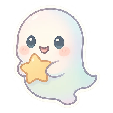 pastel ghost, chibi style, soft colors, blushing cheeks, floating, friendly expression, big eyes, holding a star sticker
