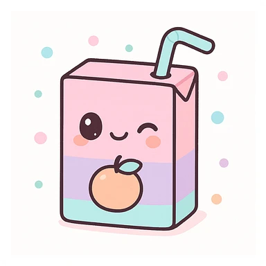 kawaii style juice box with a winking face, fruit illustration, and playful straw, pastel colors sticker