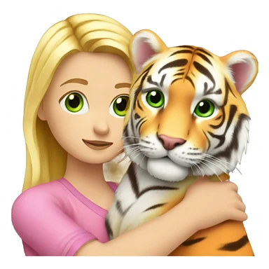A blonde white girl with green eyes in pink hugs an orange tiger sticker