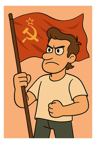 Add a realistic waving effect to the Soviet Union flag, keeping the red background and gold hammer, sickle, and star, in the same flat style. Maintain the flat style look while introducing the waving effect realistically. sticker