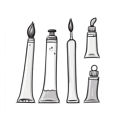 Set of artist's paint tubes with different sizes and caps. Some tubes are squeezed in the middle. Using specific pastel colors (dd9fb0, ffc6d3, a3bfc9, c4bee2, f1b091). Hand-drawn doodle style with intricate details. Transparent background. sticker