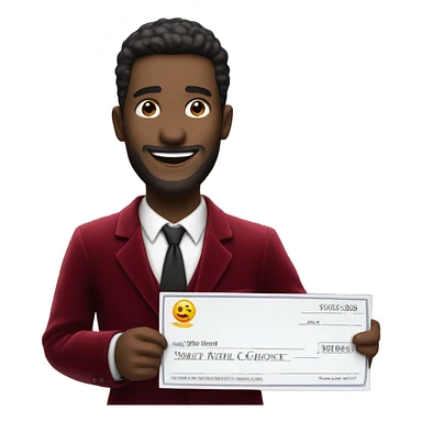 fat guy in dark red velvet suit holding cheque sticker