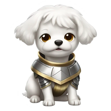 Small white dog wearing armor sticker