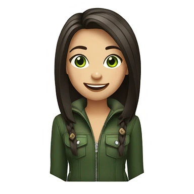 A stylish hooligan girl with dark shoulder-length straight hair and green eyes laughs sticker