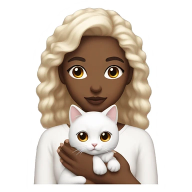 Emoji girl with light skin, beautiful makeup, brown eyes, holding a white fluffy cat sticker