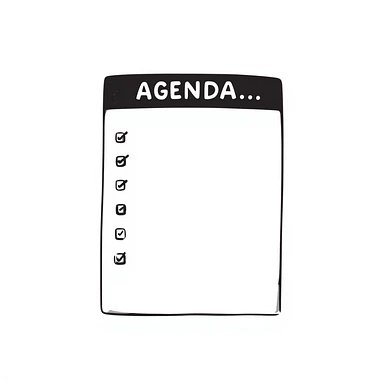 A notebook with 'AGENDA' written on top and meeting items listed below sticker
