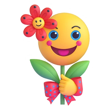 3D smiley emoji, large eyelashes, red polka dot bow, holding a flower with one hand, waving with the other, happy, blue eyes, cute style sticker