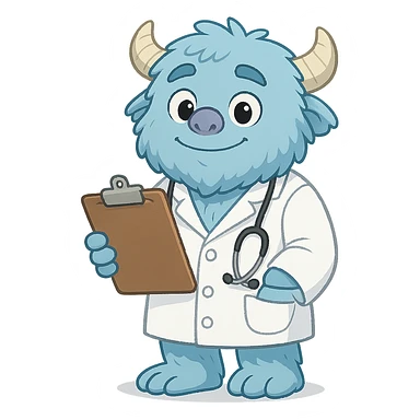cartoon blue yeti, gentle eyes, dressed as a doctor in a white coat, holding a clipboard sticker