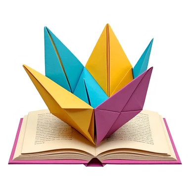 3D render of Pop-Up Book entirely of folded origami paper, sharp creases, cardboard texture, matte finish, visible paper grain, craft aesthetic, sticker