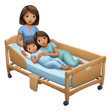 a mom laying down in a “C” position laying close to the she of the bed by her daughters bassinet while still trying to reach far back with her foot to touch her husband  sticker