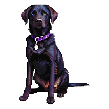 black labrador sitting with a purple collar sticker