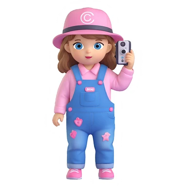 3D cartoon character design of a cute baby girl with golden brown hair, big blue eyes, pink blush, wearing denim overalls with the word 'cute' printed on her clothes, a cute hat, big head and small body, holding a camera, back view sticker