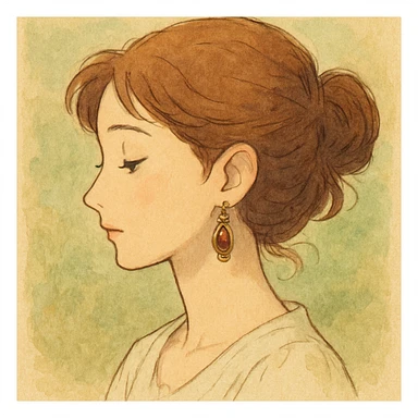 artistic and delicate ghibli style illustration of a woman in profile wearing earrings sticker