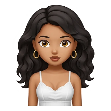 a pretty bratz tan girl with wavy black hair wearing a white cami top. Skintone is brown sticker