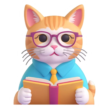 A cat with glasses reading a book, pastel colors, soft lighting, cozy atmosphere sticker