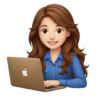 Sitting in front of a laptop in the style of a cute female developer. Not wearing glasses, smiling with long hair waves. Early 20s
 sticker