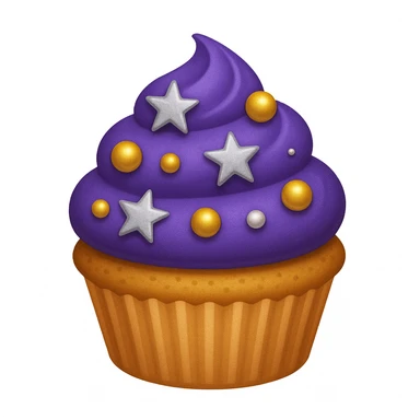 Add silver stars and a tiny edible pearl to the cupcake with purple frosting and gold pearls in emoji style. sticker