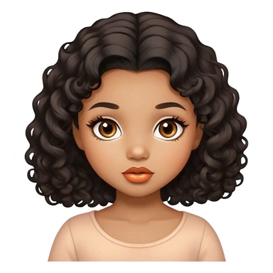 Glamourous, light brown skin tone, very beautiful toddler, with big plump peach-beige lips, long long lashes, black curly smooth short hair, straight parting hair, brown eyes sticker