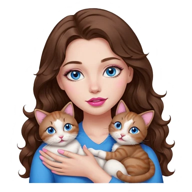 girl with long wavy brown hair, blue eyes, long lashes makeup, sexy pink lips, cuddling with 6 cats sticker