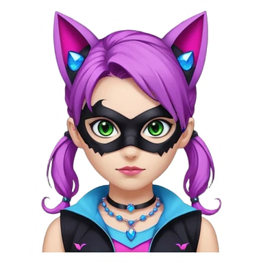 Girl with green eyes, wearing a bat mask with pink stones, and her hair tied in a ponytail, the hair is purple, blue, and pink streaks, with black cat ears with pink stones, wearing a black shirt that covers the neck, and a sleeveless blue jacket, and a necklace of pink stones sticker