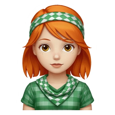 girl orange hair, wear red and white checkered bandana, green dress sticker