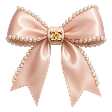 Remove the background, keep only the elegant bow with pearls and gold Chanel logo, glossy, pastel colors, realistic style, with no background. blackpink sticker